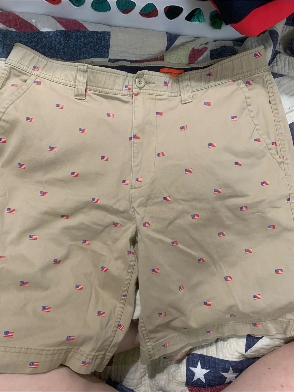 St. John's Bay Tan Shorts with All-Over Flag Embroidery